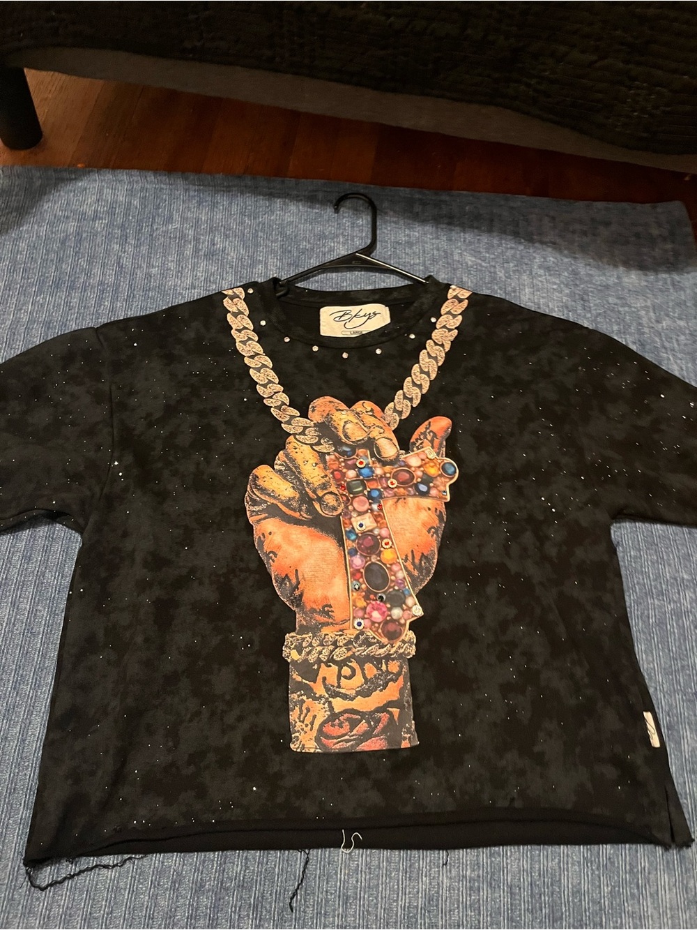 BKE Black Short Sleeve Tee with Jeweled Cross Hand Graphic